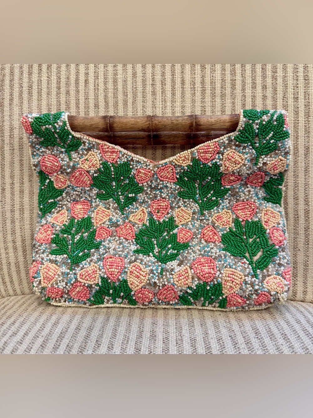 Stunning Beaded Made in India Beaded Floral clutch with bamboo handle